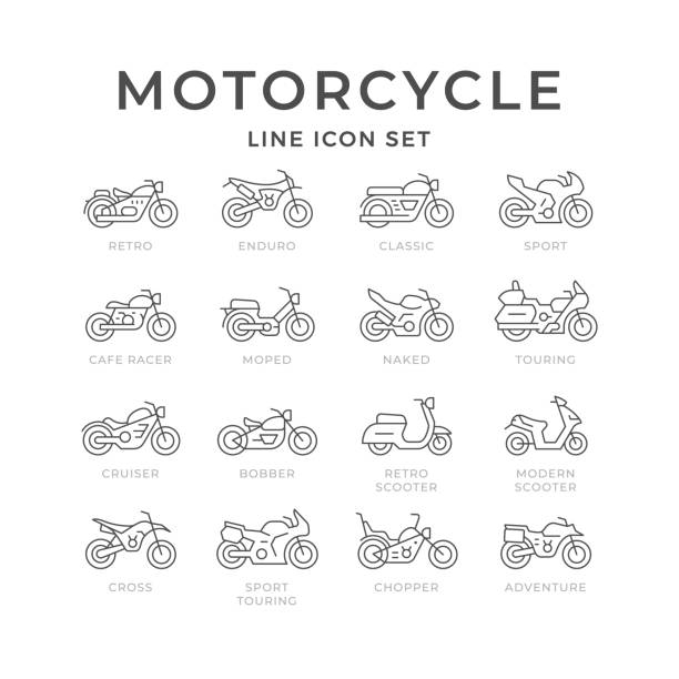 illustrazioni stock, clip art, cartoni animati e icone di tendenza di impostare le icone di linea della moto - motocross engine motorcycle extreme sports