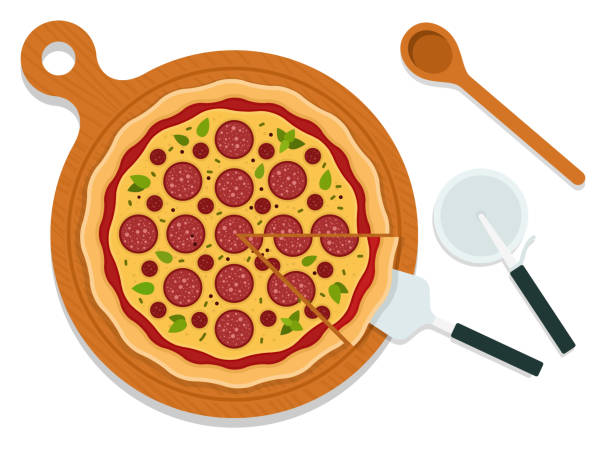 Pepperoni on board with pizza appliance vector flat isolated Pepperoni pizza on a board with a cut piece, spatula, knife and a wooden spoon vector flat material design isolated on white portion cut out cheese part of stock illustrations