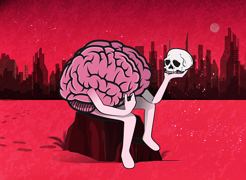 The confused brain character is holding human skull in hand and thinking deeply. (Used clipping mask)