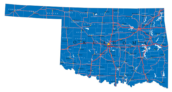 Detailed map of Oklahoma state,in vector format,with county borders,roads and major cities.