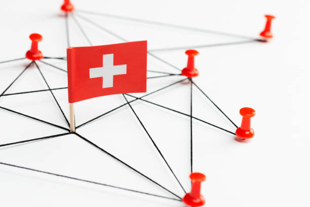 Connection Swiss flag connected with a black string to red pins building a graph on white background. swiss flag photos stock pictures, royalty-free photos & images
