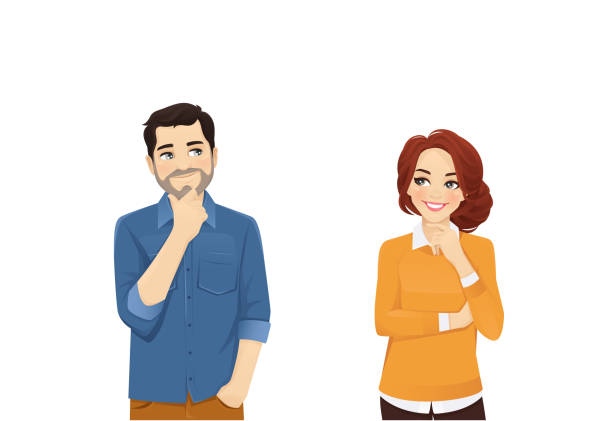 Casual man and woman thinking Man and woman in casual clothes thinking isolated vector illustration reflection illustrations stock illustrations