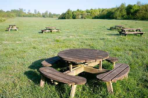 Coronavirus lockdown meant that people didn't go the parks of Kent. Empty picnic tables in Lullingstone Country Park in Eynsford, England