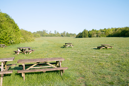 Coronavirus lockdown meant that people didn't go the parks of Kent. Empty picnic tables in Lullingstone Country Park in Eynsford, England