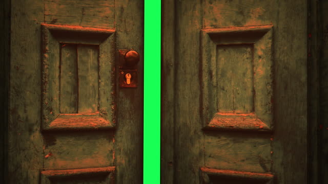 animation - wooden door opening to green screen