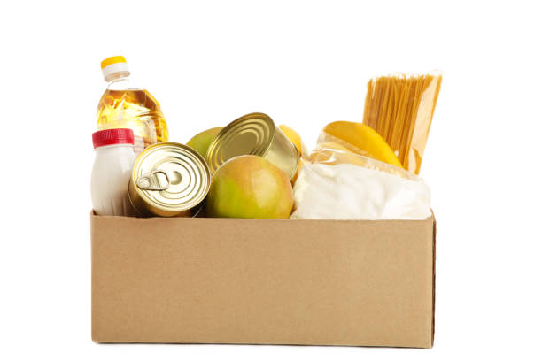 istock Donation box with food isolated on white background 1223871069