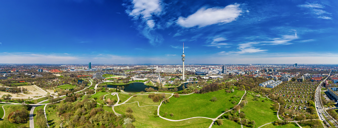 Munich from above with a beautiful view over a popular park.