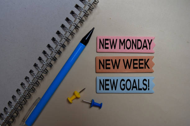 New Monday, New Week, New Goals! on the sticky notes with office desk