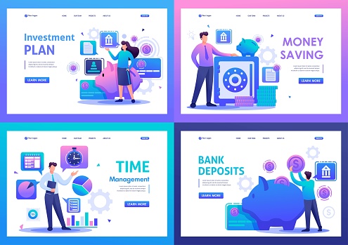 Set Flat 2D concepts bank deposits, investment plan, time management. For Landing page concepts and web design.