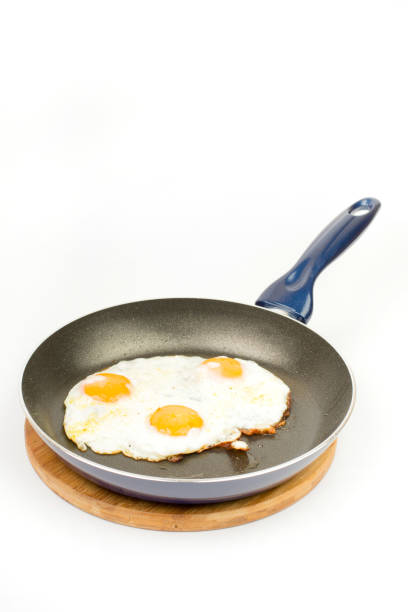 Fried eggs in teflon frying pan over white background
