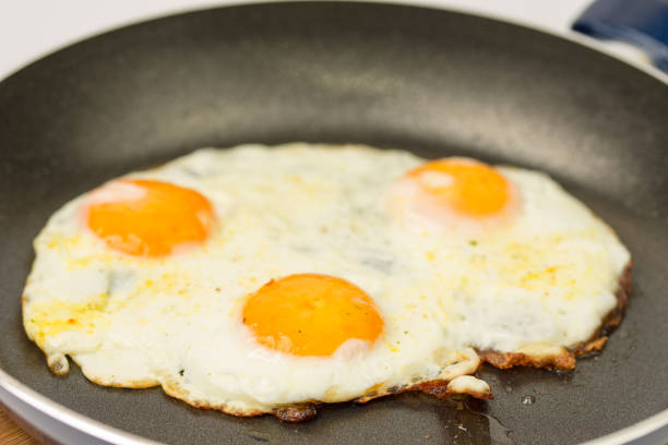 istock Closeup macro view of fried eggs in teflon frying pan 1223877042