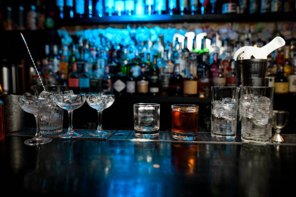 istock Different bar equipment stand on bar counter 1223890151