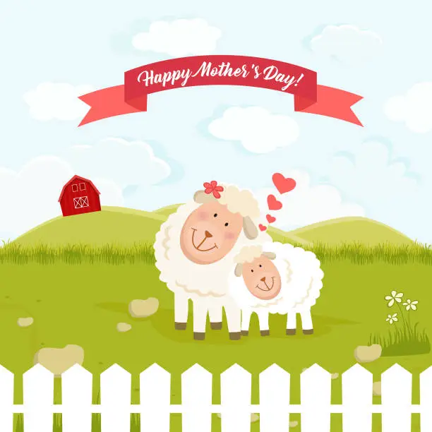Vector illustration of Cute Mother Sheep and Lamb Showing Love and Affection