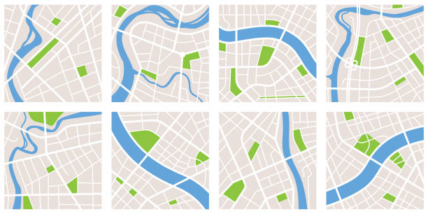 City navigation map pattern gps style set. Eight maps isolated on white background. City with river and canal and parks. Vectoe Illustration City navigation map pattern gps style set. Eight maps isolated on white background. City with river and canal and parks. Vector Illustration street map stock illustrations