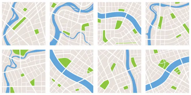 Vector illustration of City navigation map pattern gps style set. Eight maps isolated on white background. City with river and canal and parks. Vectoe Illustration