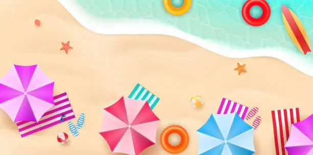 Vector illustration of Aerial view of summer beach in flat design style. Slippers and towel, starfish and summertime, relaxation summer tourism, vector illustration