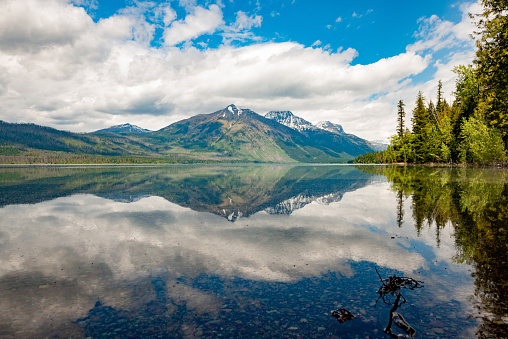 This photograph is of the mountains of Glacier National Park reflecting on Lake McDonald on a spring day in Montana, USA.