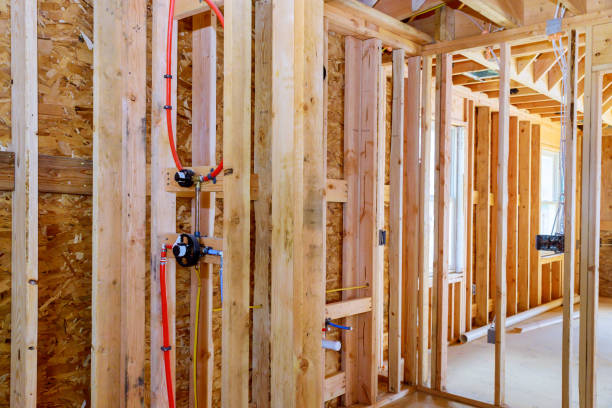 istock Home construction with hot and cold blue and red pex pipe layout 1223897261