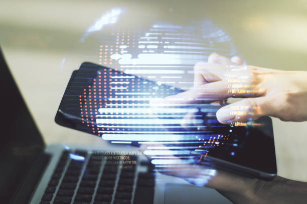 istock Multi exposure of abstract graphic coding sketch with world map and hand working with a digital tablet on background, big data and networking concept 1223903135