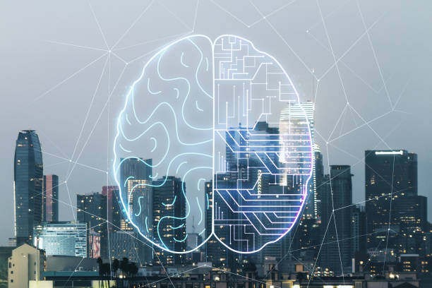 istock Double exposure of creative artificial Intelligence interface on Los Angeles city skyscrapers background. Neural networks and machine learning concept 1223903313