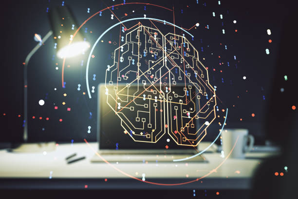 istock Creative artificial Intelligence concept with human brain hologram on modern laptop background. Multiexposure 1223903820