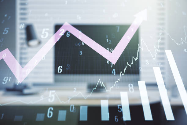 istock Abstract creative financial graph with upward arrow on modern laptop background, forex and investment concept. Multiexposure 1223903896