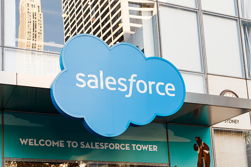 New York, New York, USA - May 30, 2018: Signage on the Salesforce Tower at 6th Avenue.