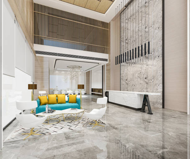 istock 3d rendering luxury hotel reception hall with colorful sofa and chandelier 1223908138