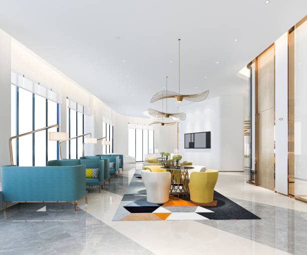 istock 3d rendering luxury hotel reception hall with colorful sofa and chandelier 1223908140