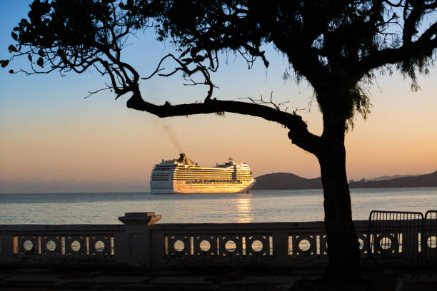 the ship msc musica leaving the port of santos - passenger ship sunset summer sun imagens e fotografias de stock