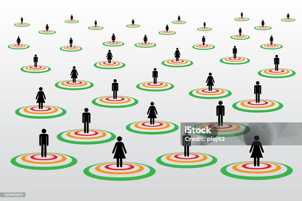 People silhouette symbols in concentric circles concept with Covid-19 contact tracing system People silhouette symbols in concentric circles concept with Covid-19 contact tracing system with red, orange and green alerts - Social distancing Contact Tracing stock vector