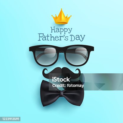 istock Happy Father's Day poster with Glasses,Mustache Paper and Bow tie on blue.Greetings and presents for Father's Day in flat lay styling.Promotion and shopping template for love dad concept 1223913591