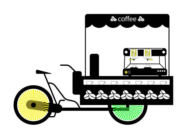 Vector illustration of Van, bike for the street sale of coffee. Visiting trade. Illustration in a linear style. Isolated vector on white