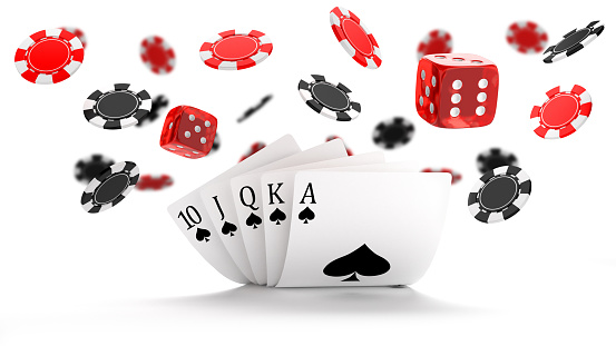 Casino background with Royal Flush hand combination, dice and flying black and red chips. 3D illustration