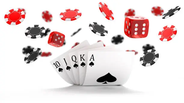 Photo of Casino background with Royal Flush hand combination, dice and flying black and red chips