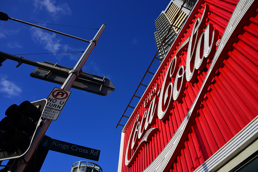 Sydney, Australia - 14 February, 2020: Coca Cola neon sign on Kings Cross, Sydney, Australia