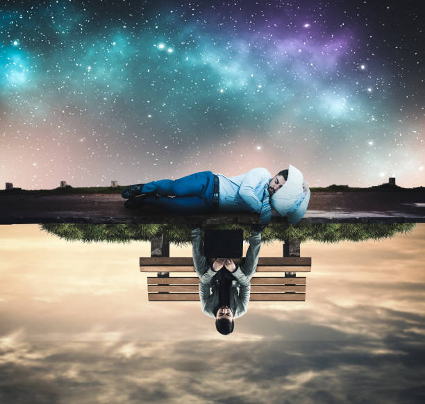 Half splitted image of night and day . Businessman sleeping and working .