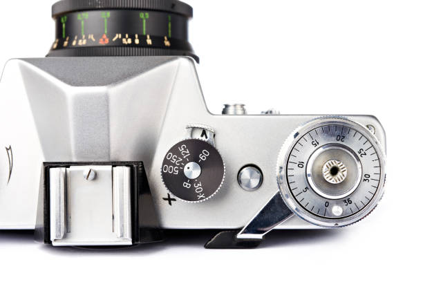 istock Vintage 35 mm SLR camera isolated white 1223920362