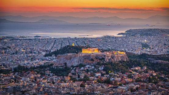 Athens Cityscape in Sunset Light Panorama