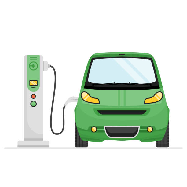 Green Electric Car Charging Green Electric Car with Power Charge Cable Attached. Electric Vehicle (EV) Charging Station. Compact Rechargeable Car Use Alternative Eco-Friendly Power Source. electric car stock illustrations