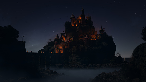 Beautiful castle upon a rocky hill by day - 3D render