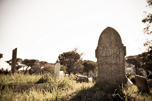 Low angle view of a a blank head stone in an unkempt graveyard in Cape Town, South Africa