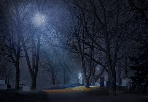 Spooky Cemetery at night with moonlight