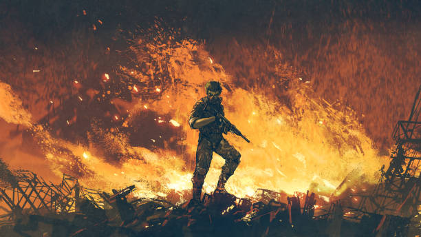 the soldier from another battlefield a soldier with his gun standing against fire background and looking at viewer, digital art style, illustration painting conflict illustrations stock illustrations