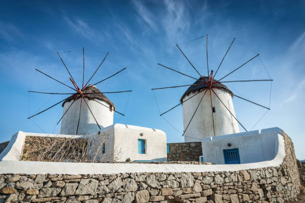 molinos de viento de mykonos chora alefkandra grecia - windmill architecture traditional culture mill fotografías e imágenes de stock