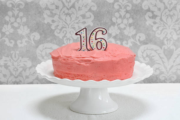 istock Pink frosted layer cake with the number 16 on top. 1223926337