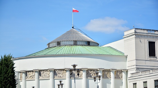 Warsaw, Poland. 9 May 2020. Exterior view of Sejm Parliament building