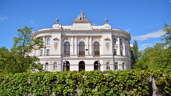 Warsaw, Poland. 27 April 2020. Front facade of the main auditorium building of Warsaw University of Technology