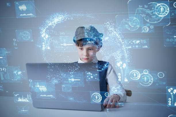 Education technology concept. Schoolboy learning in the room. Online school. EdTech. Education technology concept. Schoolboy learning in the room. Online school. EdTech. genius at school stock pictures, royalty-free photos & images