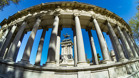 The Retiro Park & statues, fantastic wide angle point of view, Madrid, Spain.